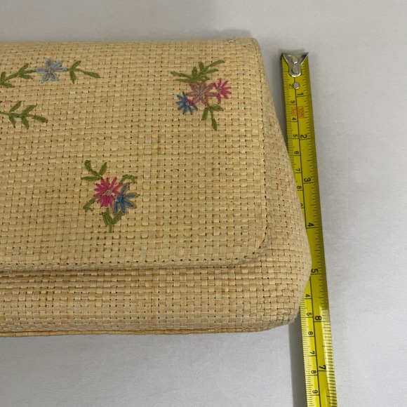 Vintage Fossil Straw Crossbody Bag Purse Floral Embroidered Tan‎ Leather Strap - Picture 12 of 13